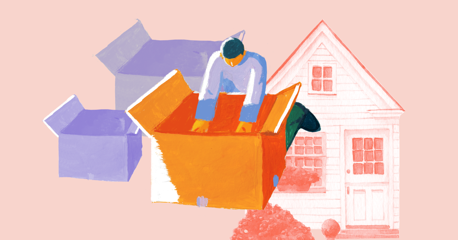 "Illustration of person unpacking boxes and white home
