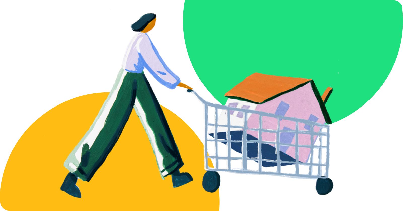 "Illustration of woman pushing shopping cart with home. Green and yellow circles.