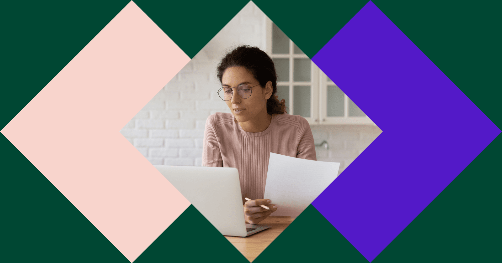 Three Diamonds Within Green Rectangle with Image of Person on Laptop Reviewing Document