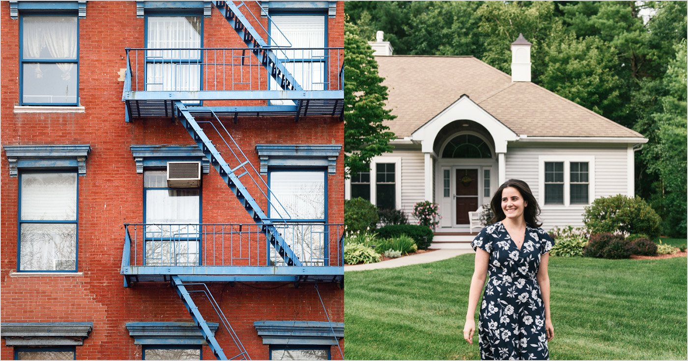 Image of an Brick Apartment Building Next to an Image of a Young woman in Front yard of House