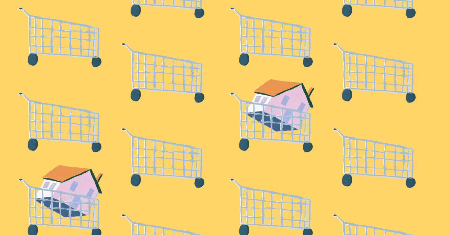 "Animation of shopping cart and homes with yellow background