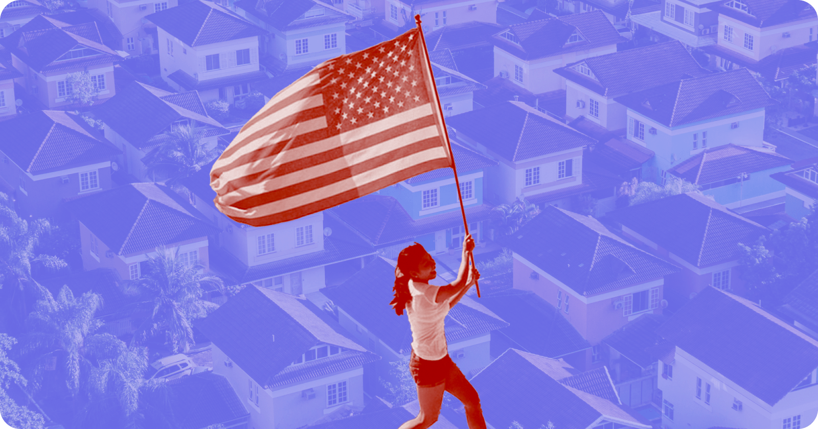 "Image of woman flying American flag with subdivision of homes in the background