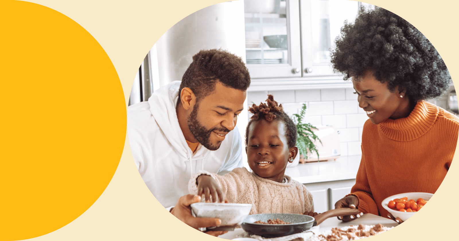 Oval Image Next to Dark Yellow Half-circle Within Light Yellow Background of Three-person Family Making a Meal together