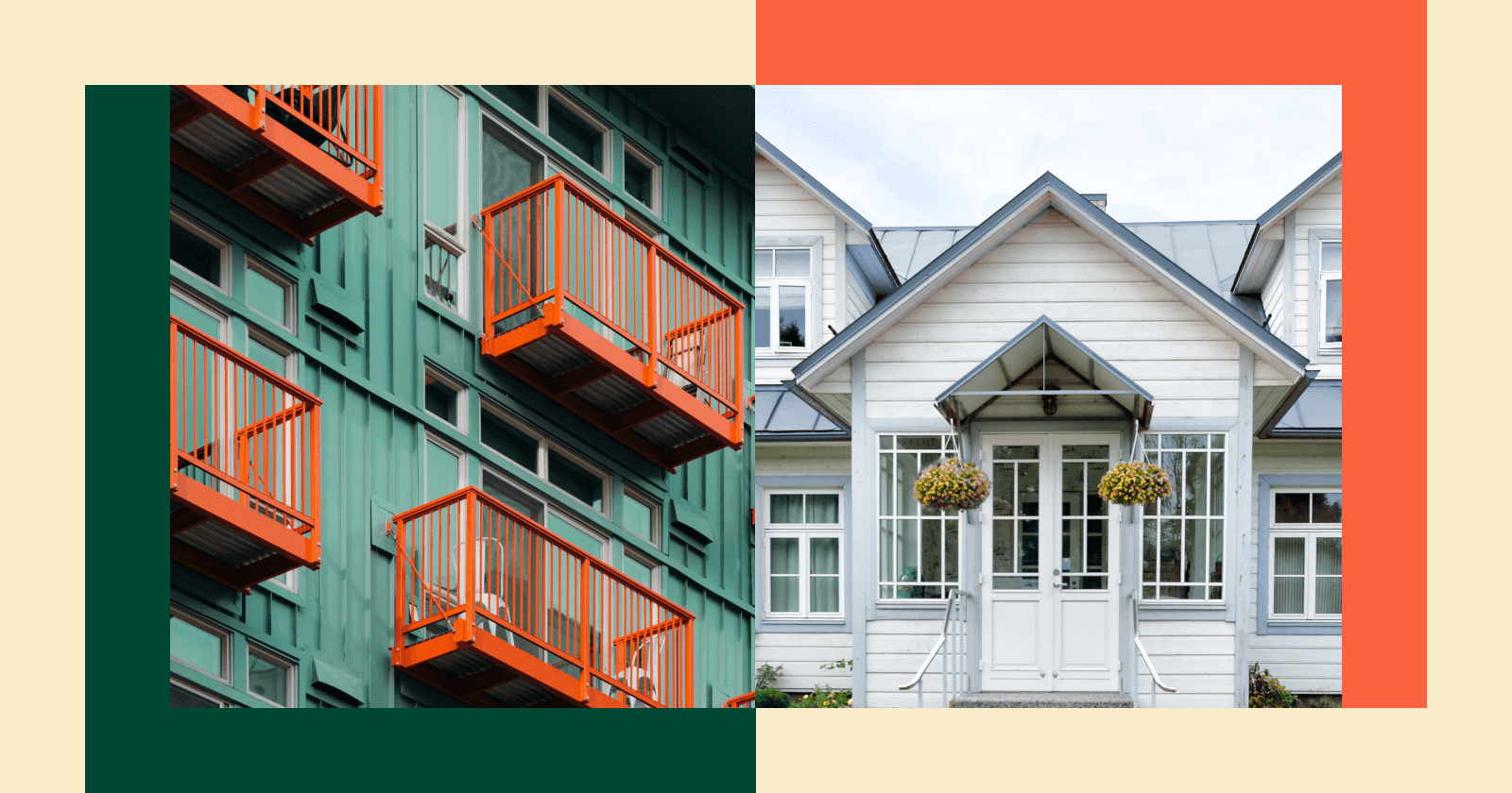 Two Stylized Images with Red, Yellow, Green Accents of A Rental Property on the Left and a House on the Right