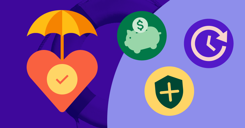 Whole life insurance - Purple graphic with multicolored finance symbols