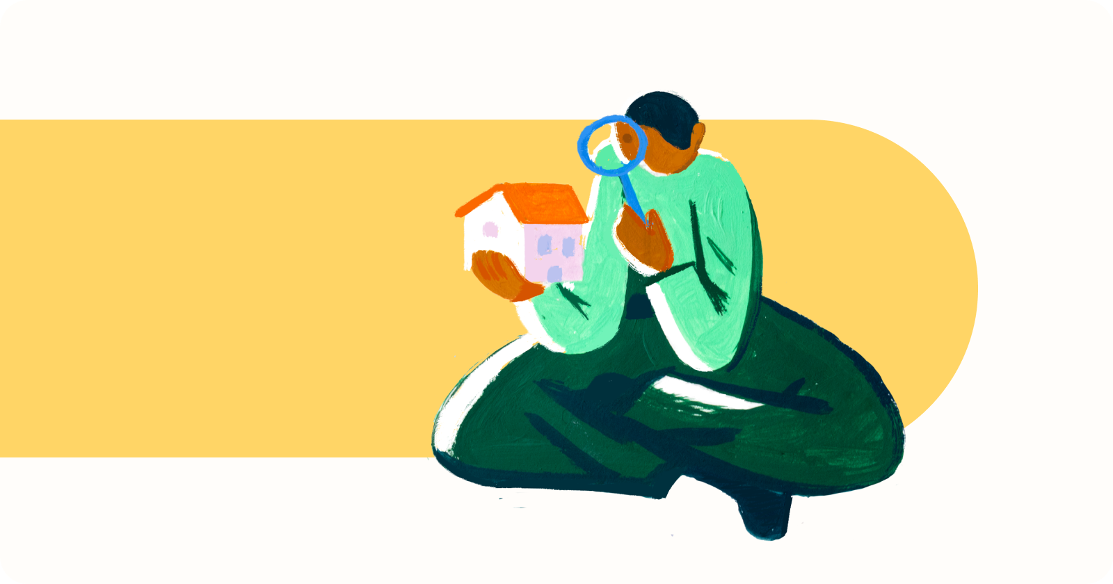 Illustration of person holding home and viewing through magnifying glass