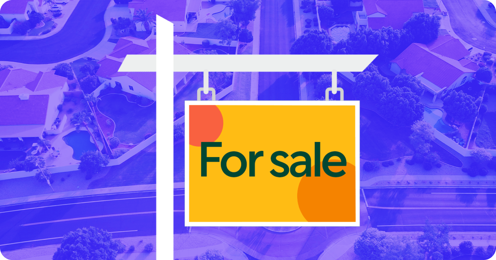 "Illustration of neighborhood with For Sale sign in yellow
