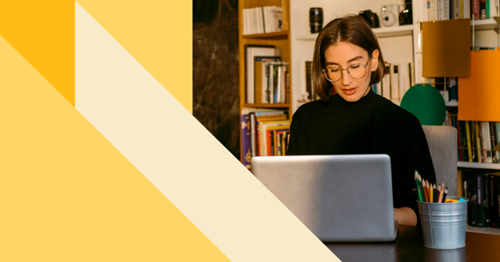 Abstract Varying Yellow Shapes Beside an Image of a Person Working in a Laptop