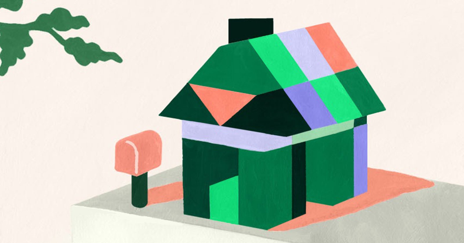 Illustrated image of a house built out of purple, green, and pink color blocks with a mailbox in front