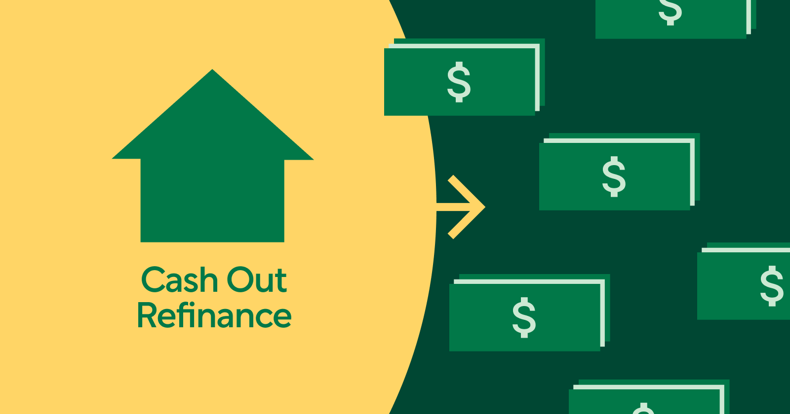 A Comprehensive Guide to Cash Out Refinance - Yellow and Green Image of Green Arrow Pointing Up and Dollar Bills