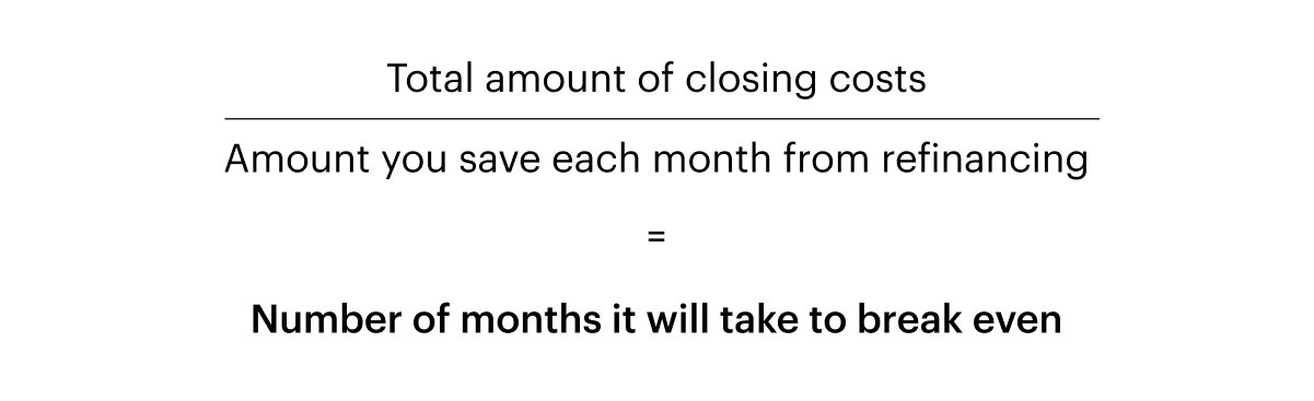 "Break-even Point Equation: Total Amount of Closing Costs/Amount You Save Each Month From Refinancing 
