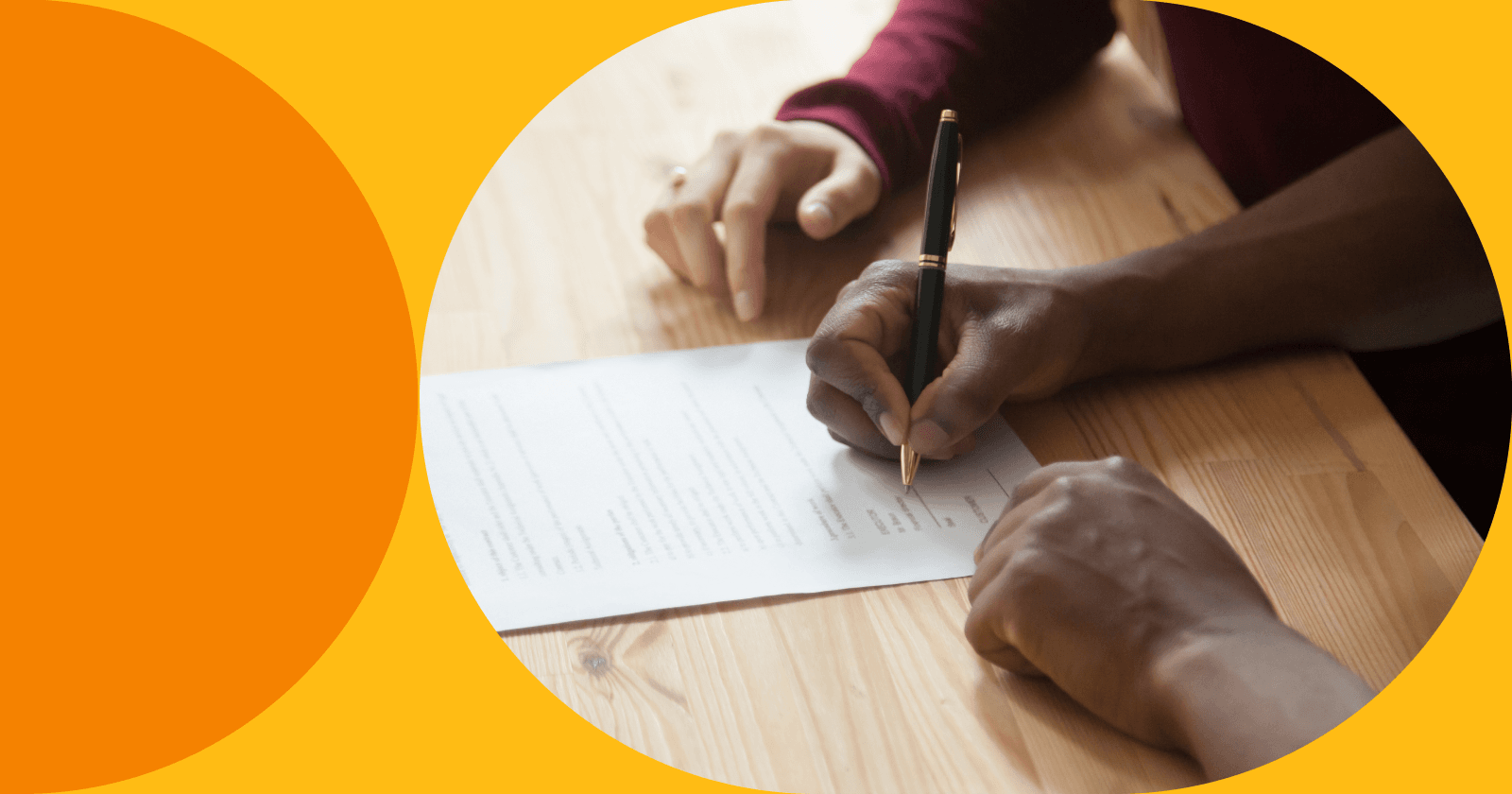 Pair of Hands Holding Pen and Paper Framed by Yellow Abstract Circle