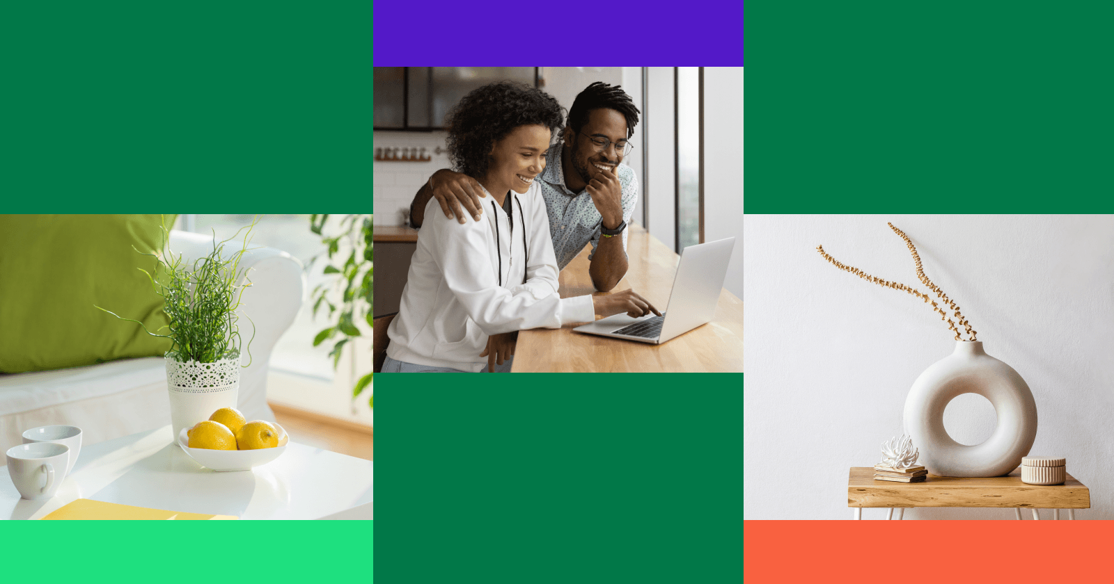 Three Lifestyle Images of Internal of a Bright Home and Two People Smiling Looking at a Computer