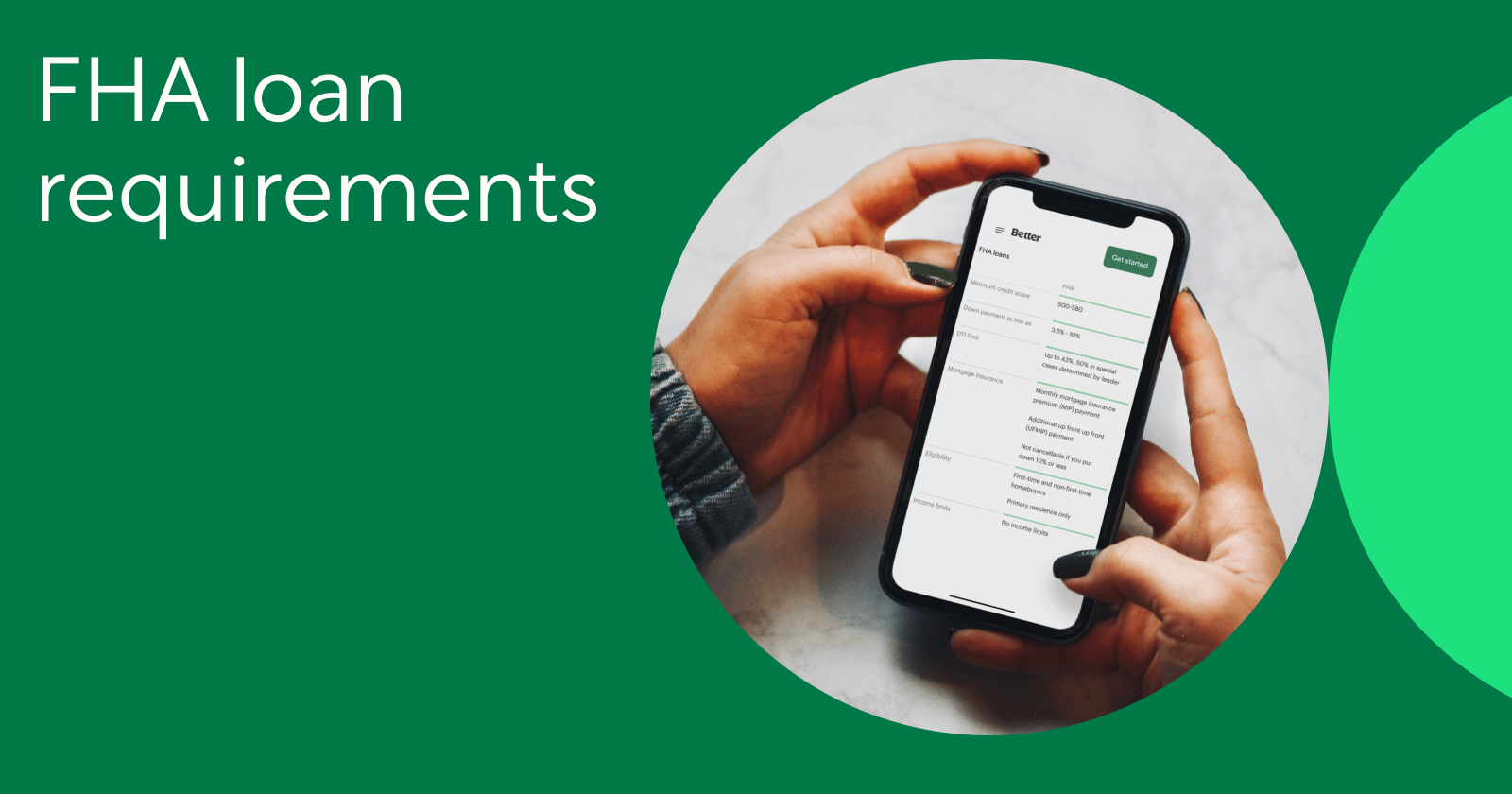 Green Image with Text that Reads: FHA Loan Requirements and a Circular Image within of a Person&#39;s Hands Checking Mortgage Rates on Better.com