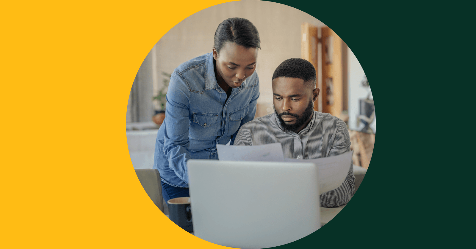 Circular Image With Gold and Dark Green On Either Side of Two Persons Reviewing Documents Together in Front of Laptop