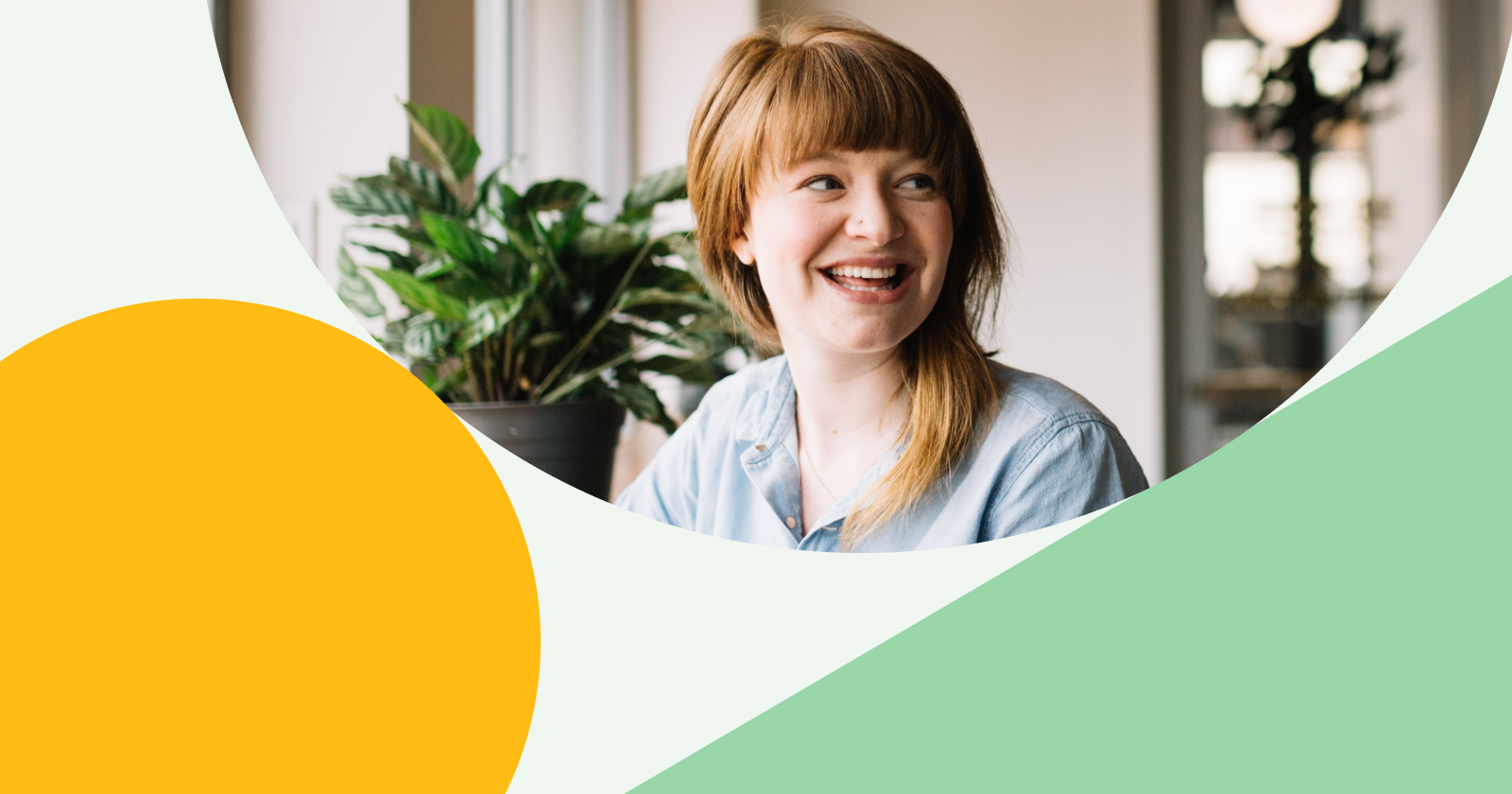 Two Half Circle Within Stylized Green Background: One Containing Photo of Person Reacting with Smile and One Orange