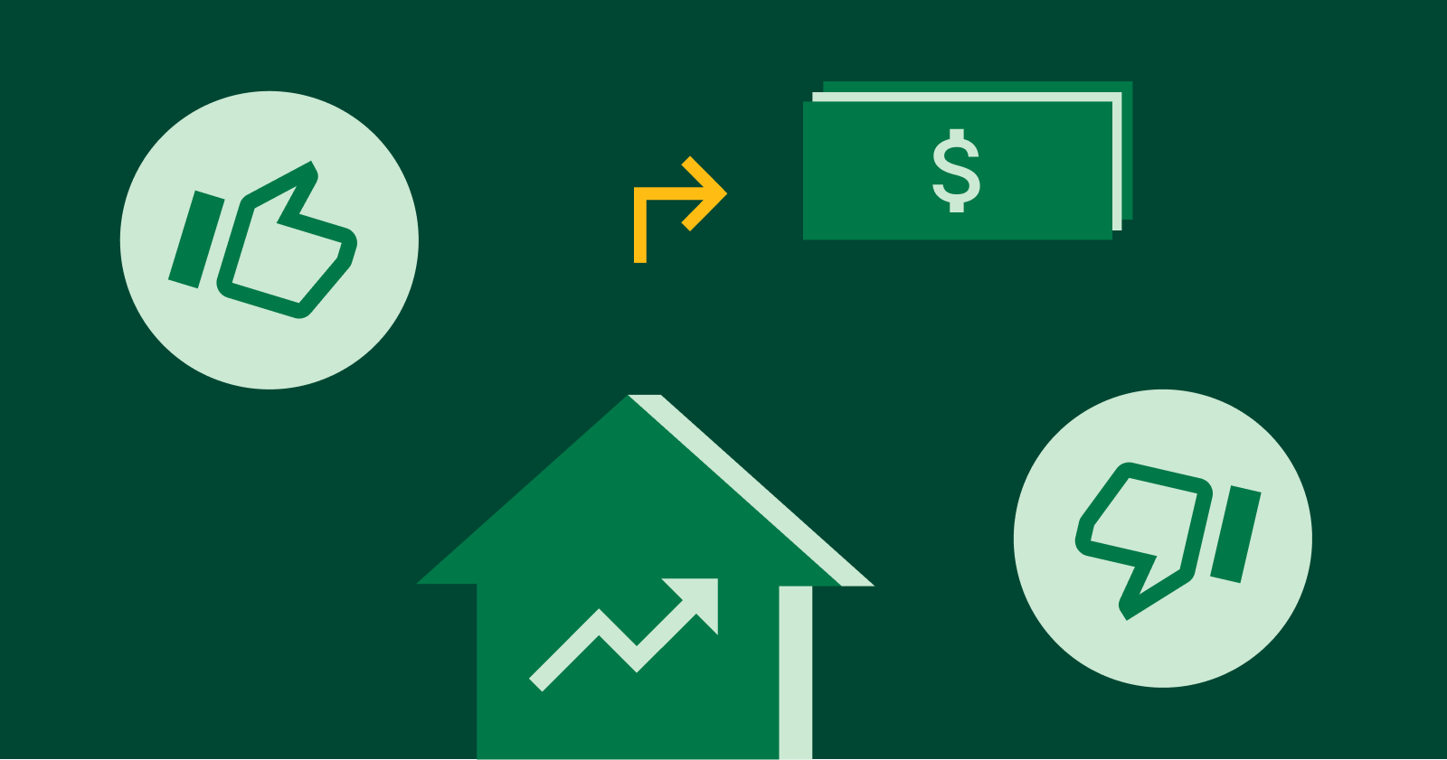 Pros and Cons of Refinancing - Green Image with a Thumbs Up, Thumbs Down, Dollar Bill and a House Icons