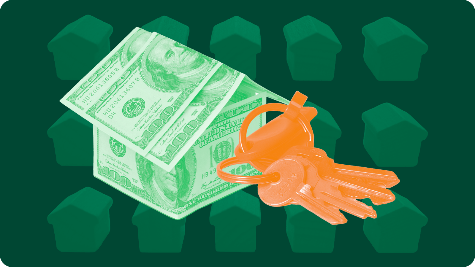 "Image of home made of dollar bill with orange keys
