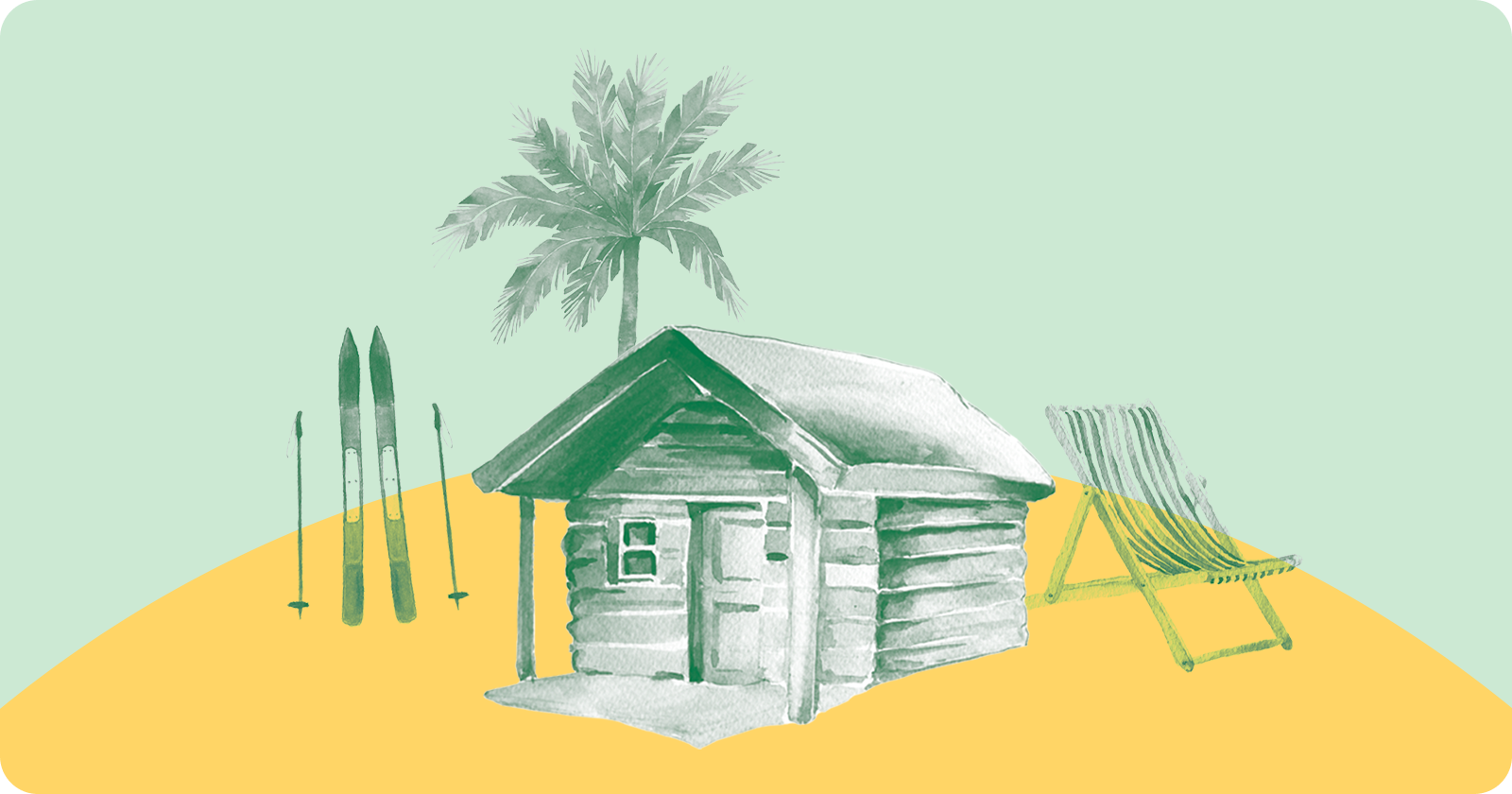 "Vacation home with skis, palm tree and beach chair