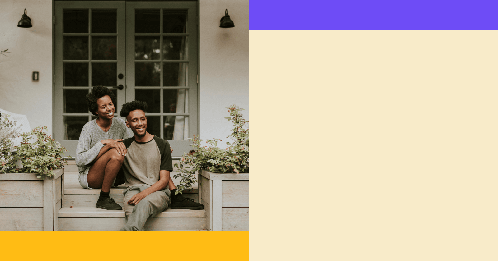 Image of Two Persons Sitting on Porch Steps and Abstract Blocks with Two Shades of Yellow and One Purple