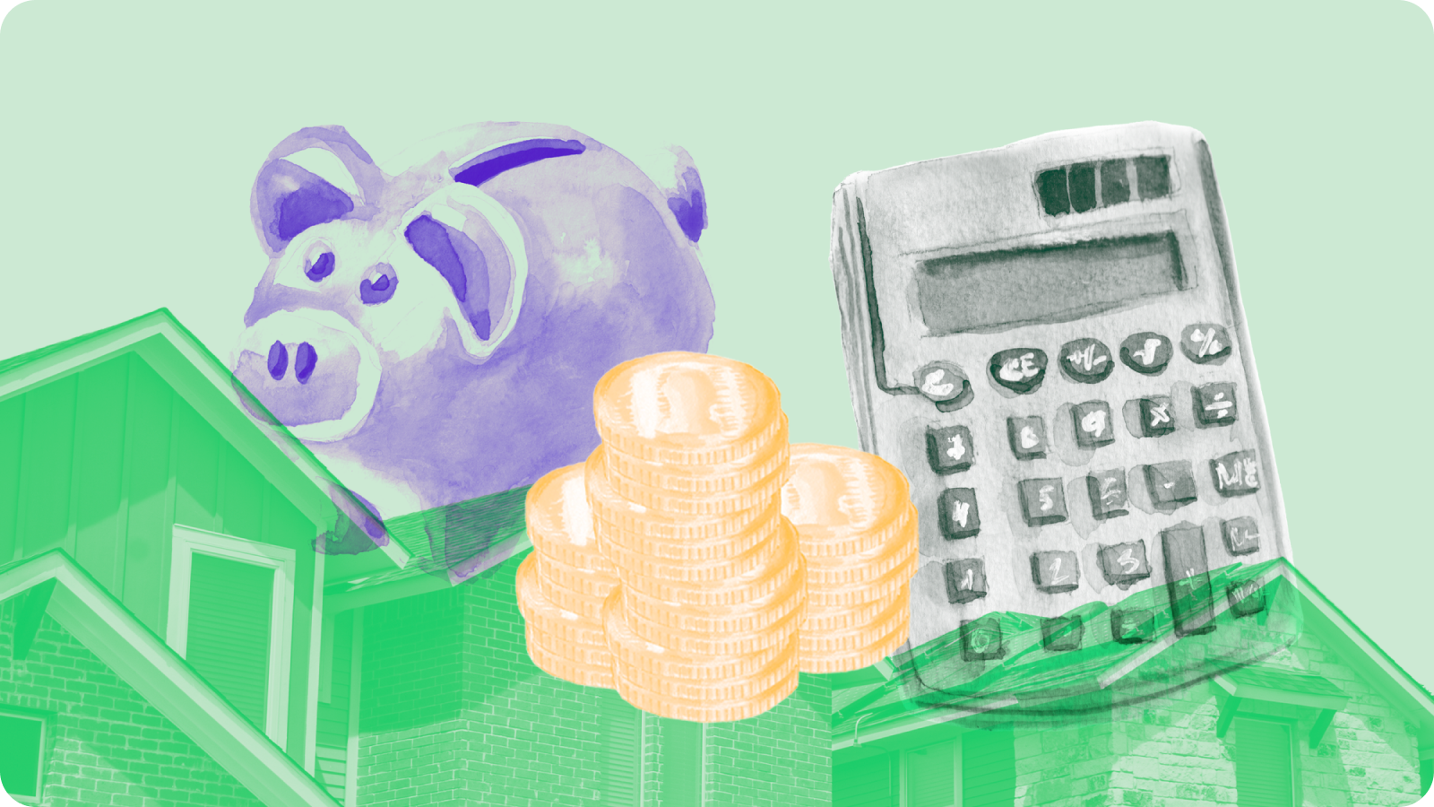 "Image of piggy bank, coins and calculator