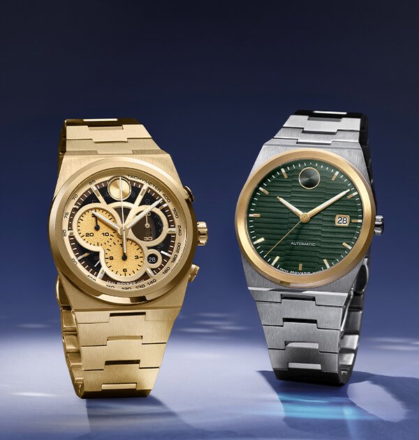 Gold tone BOLD Quest Skeleton watch next to a BOLD Quest watch with stainless steel bracelet and green dial.
