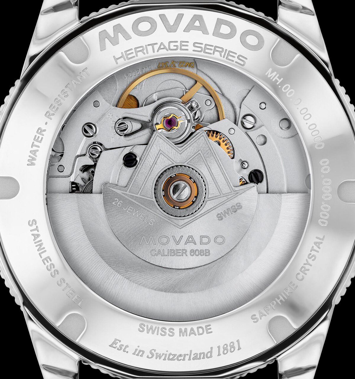 Caseback of a Heritage Series Datron Automatic watch featuring an exposed automatic movement.