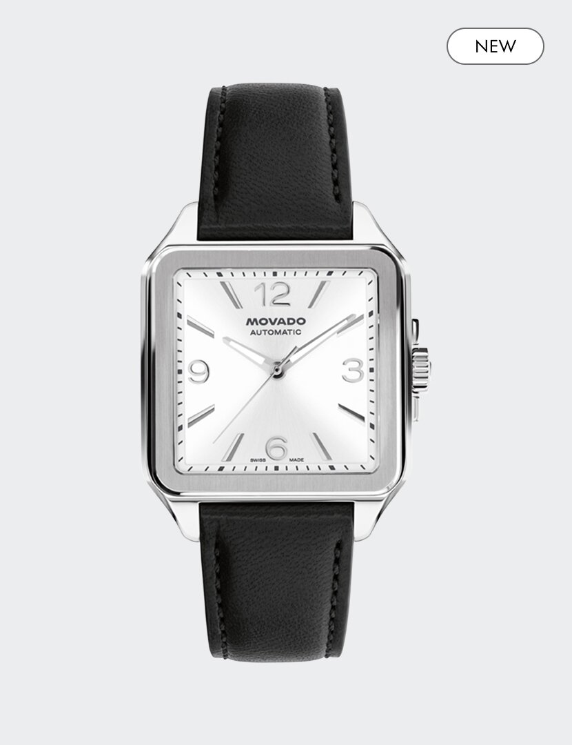Heritage 1917 watch with black strap and silver square dial and "new" badge in the top right corner.