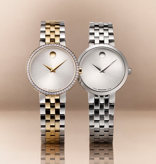 Women's tone Museum Classic bracelet watch with lab grown diamonds next to a women's silver Museum Classic bracelet watch