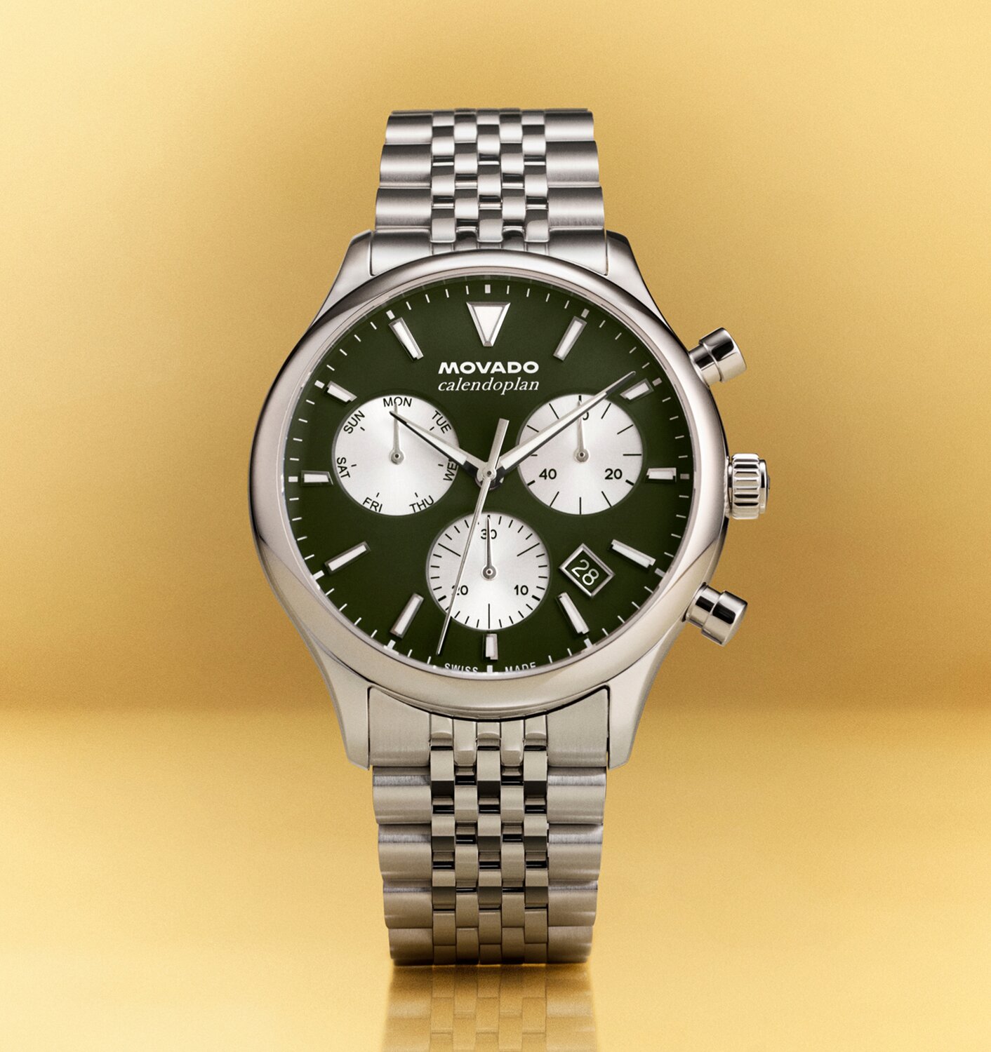 Heritage Series Calendoplan watch with silver bracelet and green dial with silver sub dials.