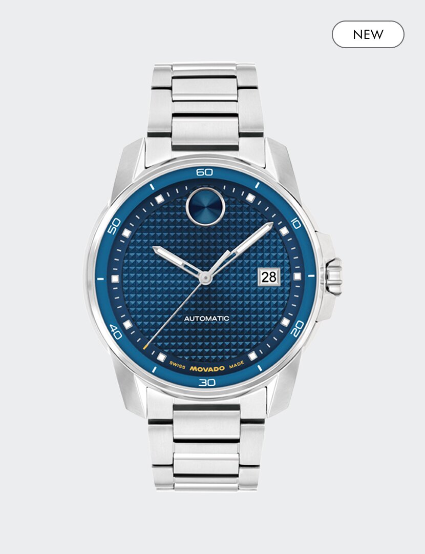 BOLD Verso Automatic  stainless steel bracelet watch with blue dial and "new" badge in the top right corner.