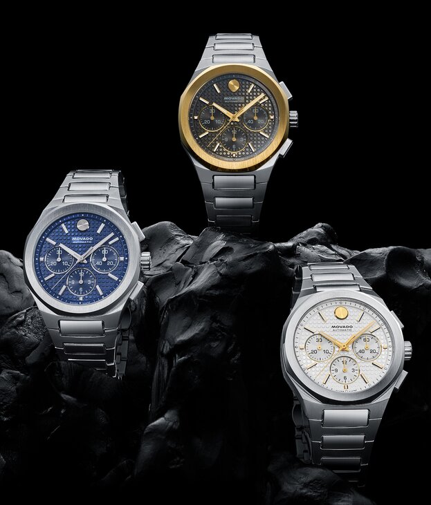 The three Alta Centurion Chronograph watches sitting on a rock