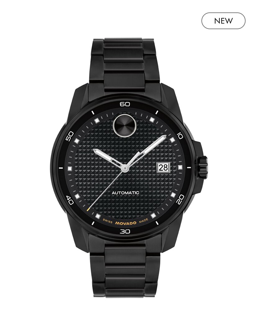 BOLD Verso Automatic  black PVD bracelet watch and "new" badge in the top right corner.