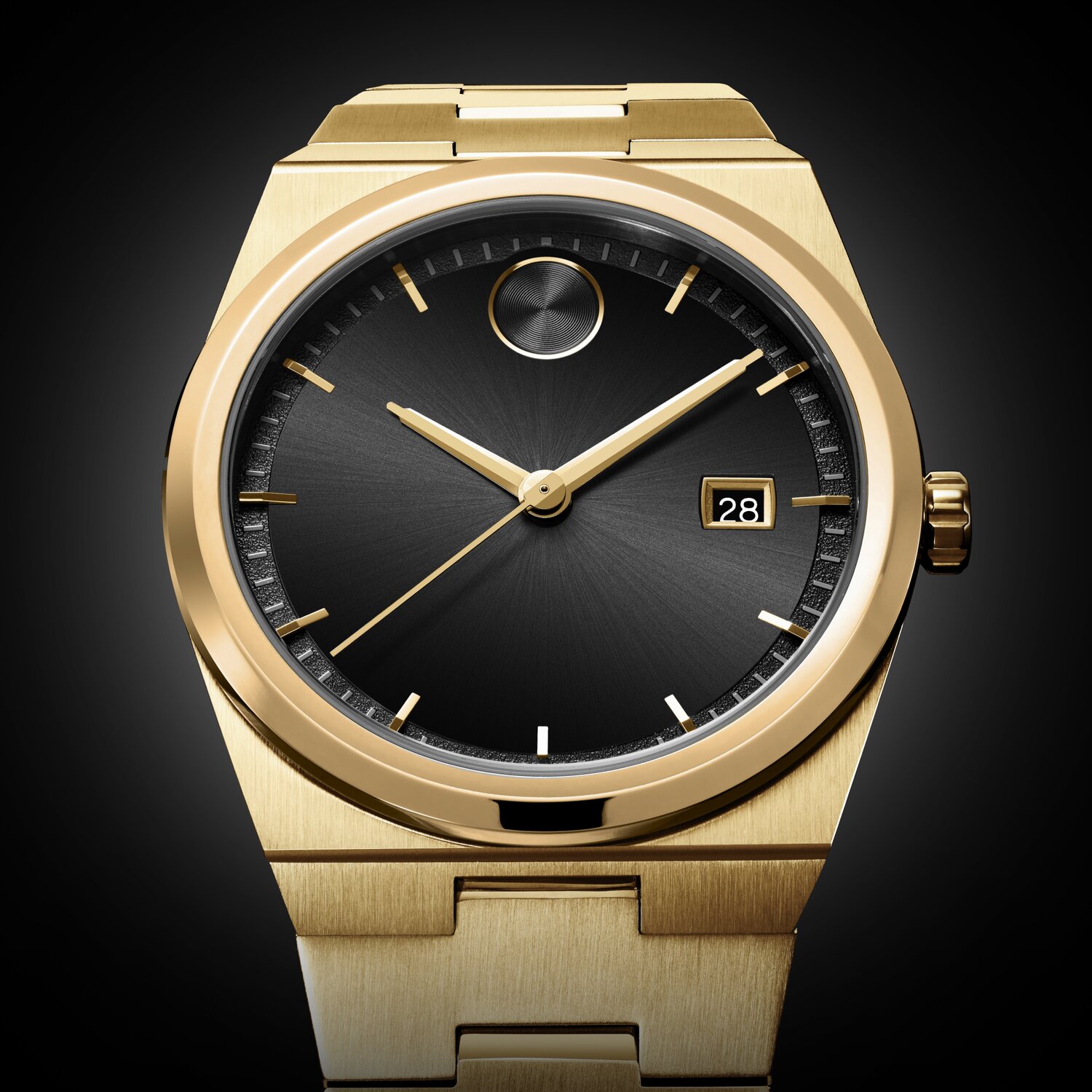 BOLD Quest watch with gold tone bracelet and black dial.