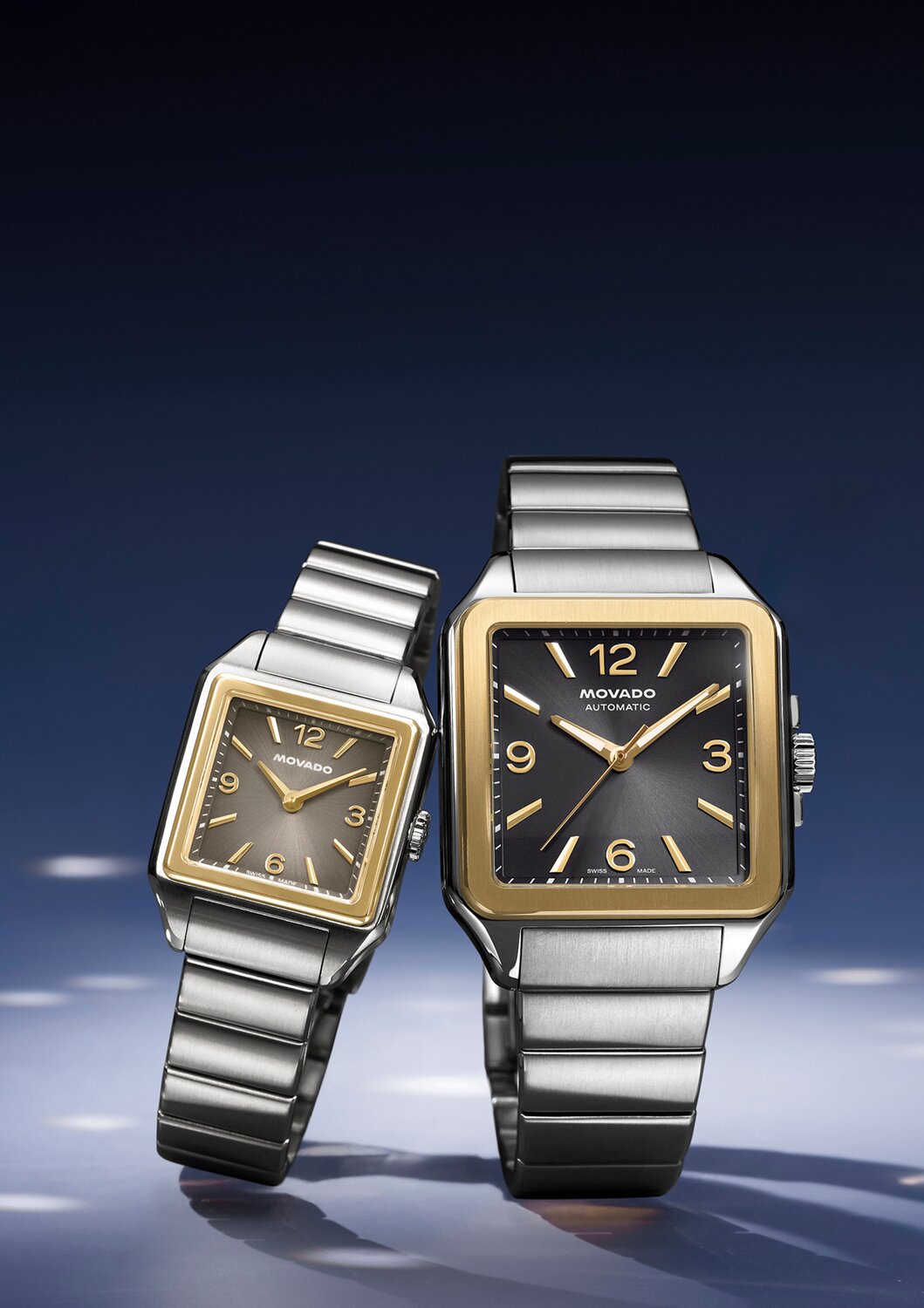 Two tone womens and mens 1917 watches with square dial and stainless steel bracelet.