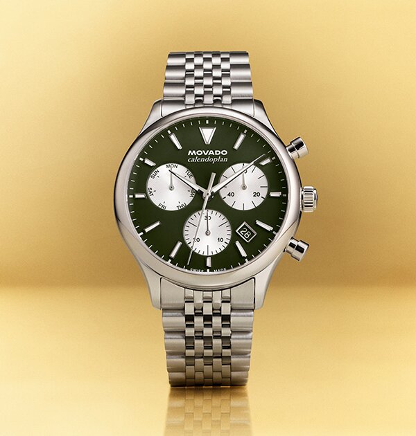 Heritage Series Calendoplan watch with silver bracelet and green chronograph dial
