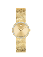 Gold tone Museum Velura watch with mesh bracelet and lab grown diamond bezel.