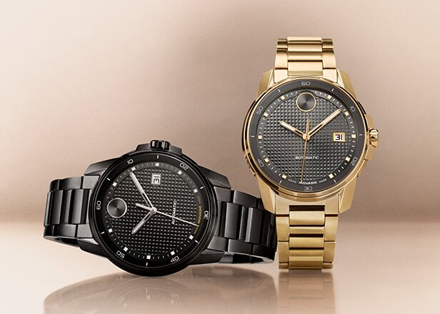 Black plated BOLD Verso bracelet watch next to a gold tone BOLD Verso bracelet watch