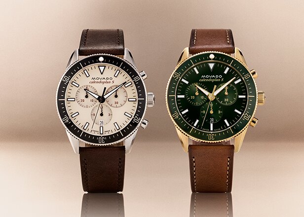 Heritage Series Calendoplan S watch with brown strap and tan chronograph dial next to another Heritage Series Calendoplan S with brown strap and green chronograph dial