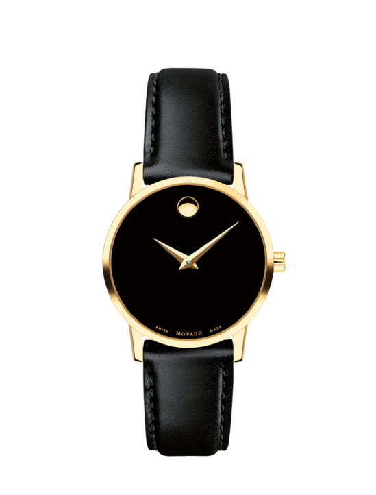 Black Museum Classic watch with leather strap and gold accents.