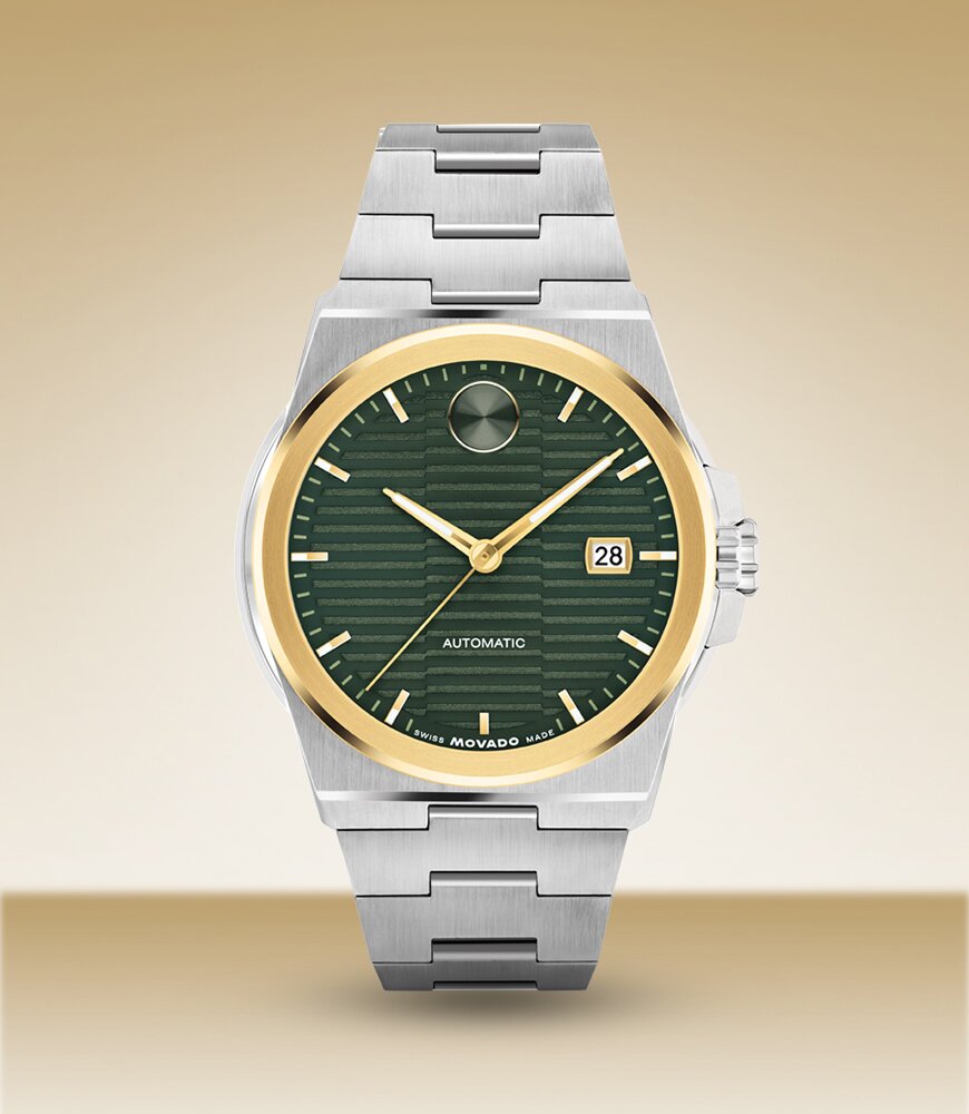 BOLD Quest watch with stainless steel bracelet, gold bezel and green dial.