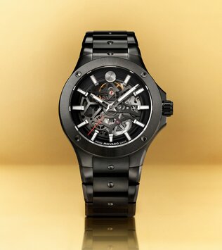 Black PVD Alta SE bracelet watch with skeleton dial in front of a yellow background.