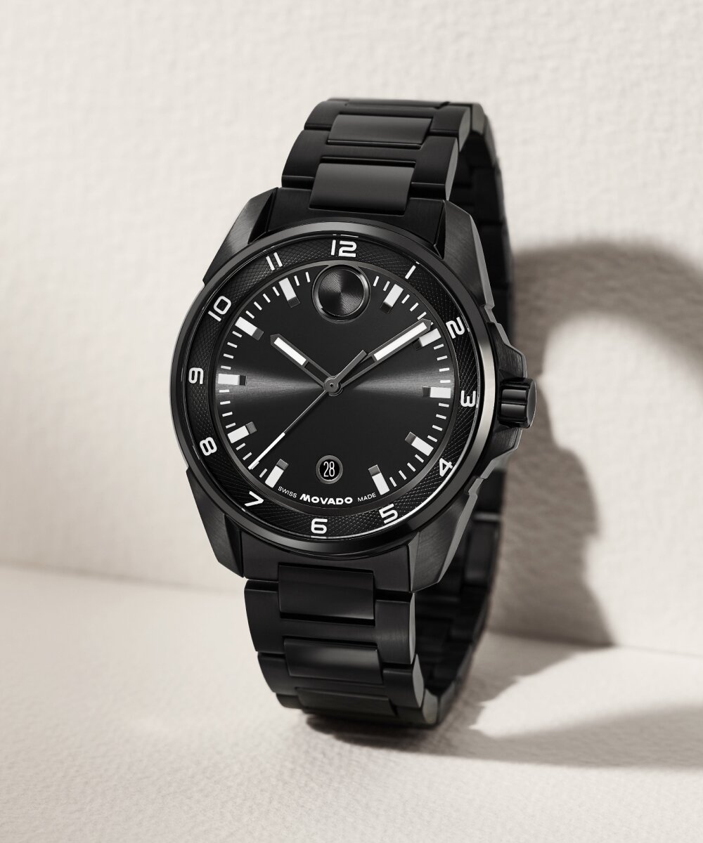 Black BOLD Verso S bracelet watch with white dial accents.