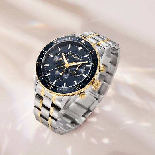 Calendoplan S Chronograph watch with two tone bracelet and blue dial.