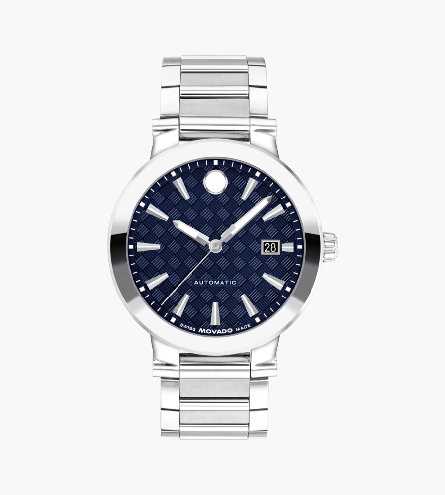 Vizio watch with silver bracelet and blue textured dial.