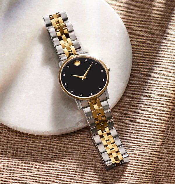 Two Tone museum classic watch with black dial and diamond markers