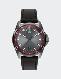 BOLD Verso S watch with black leather strap, grey dial and red hour track.