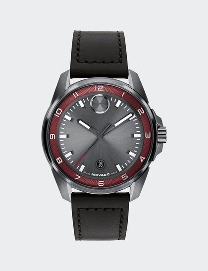 BOLD Verso S watch with black leather strap, grey dial and red hour track.