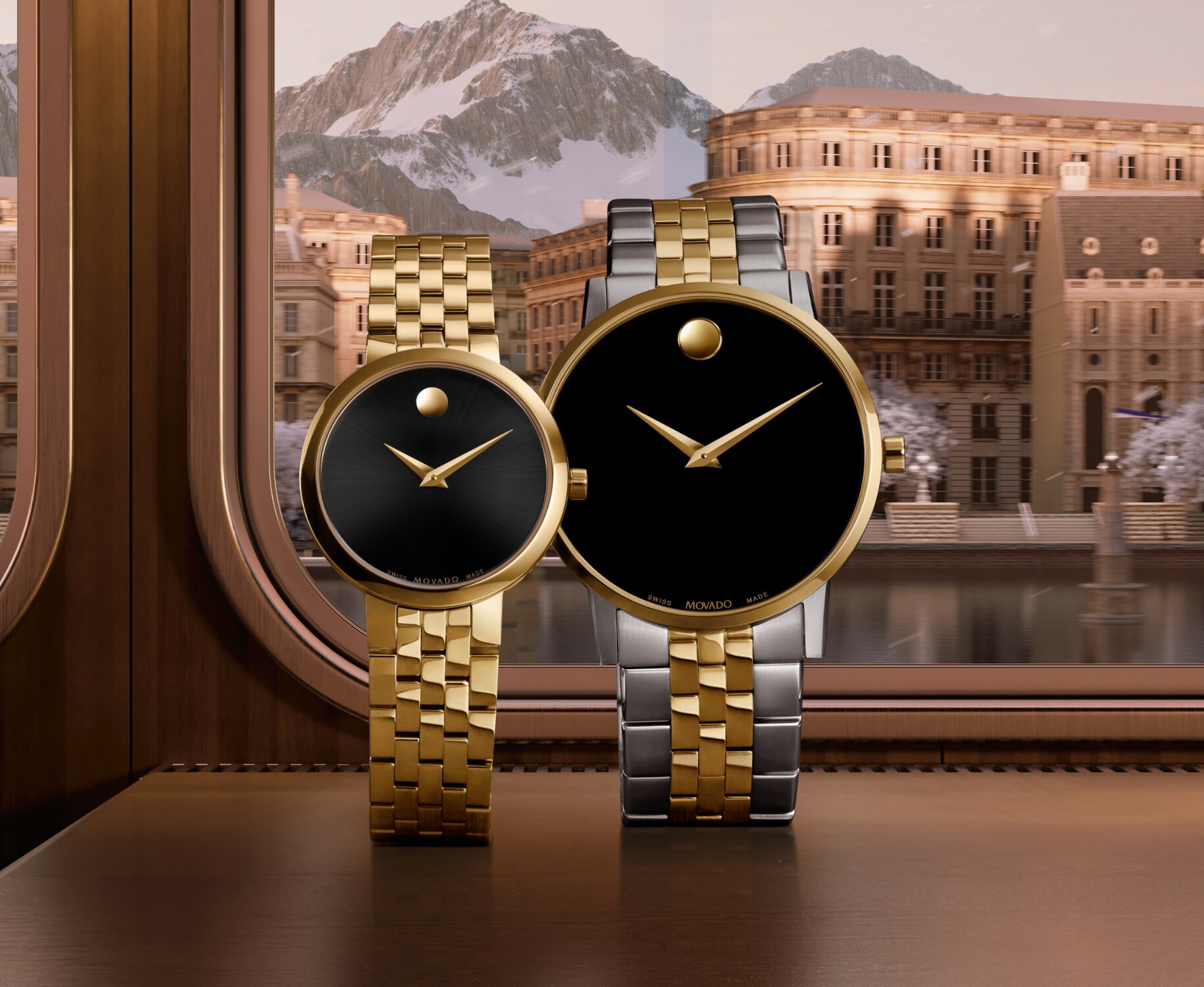 Museum Classic watch for him and for her sitting in front of a train window with Switzerland in the background