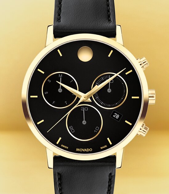 Black Museum Classic Chronograph watch with leather strap.